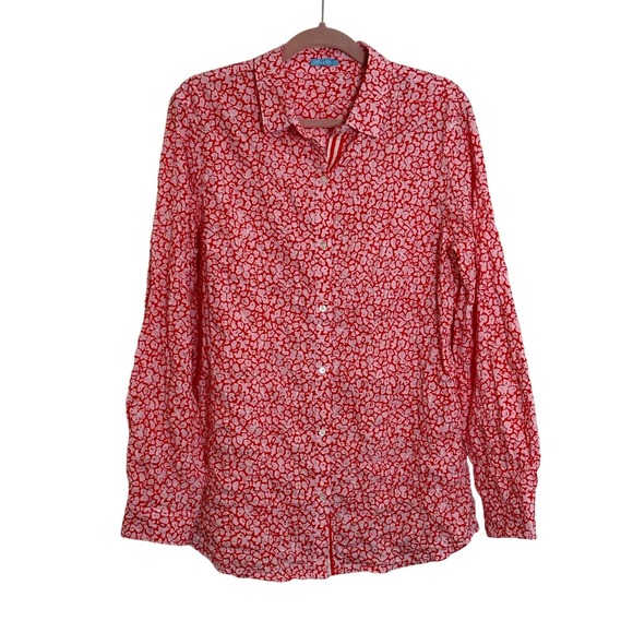 J. McLaughlin Lois Crinkle Button Down‎ Long Sleeve Shirt Size L Red Pink Summer - Picture 1 of 9
